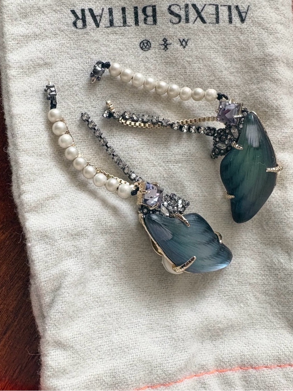 Alexis Bittar Pearl and Teal Petal Drop Earrings Clip on with Crystal Accents